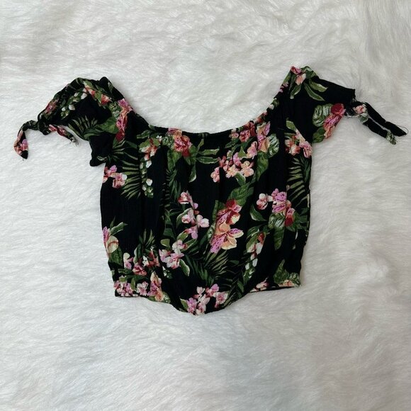 Ambiance Black and Pink Floral Off Shoulder Boho Crop Peasant Top - Picture 1 of 4